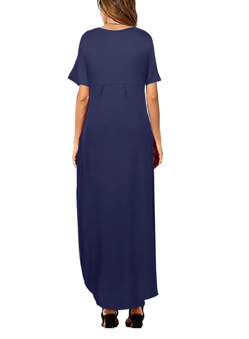 Arolina Women Summer Maxi Dress Short Sleeve V Neck Casual Loose Long Split Dresses Beach Vacation Sundress with Pockets Navy Blue - Image 2